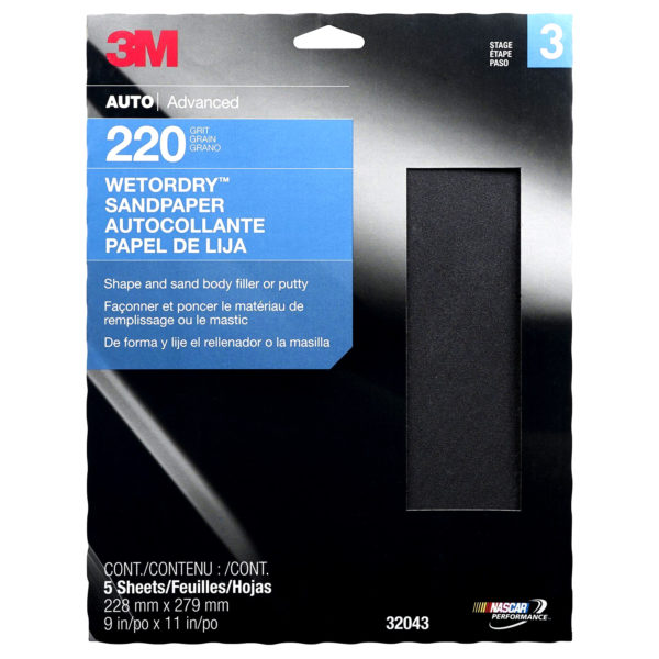 3M™ Wetordry™ 9 x 11 inch Sandpaper Sheet, 220 grit (Pack of 5 Sheets)